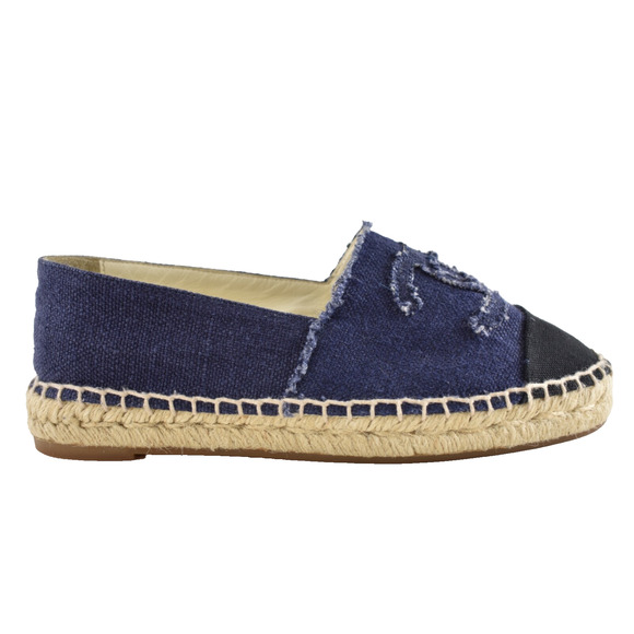 Chanel REV Blue Black Linen Canvas CC Logo Double Sole Espadrille Flat 37 RARE - Picture 1 of 14